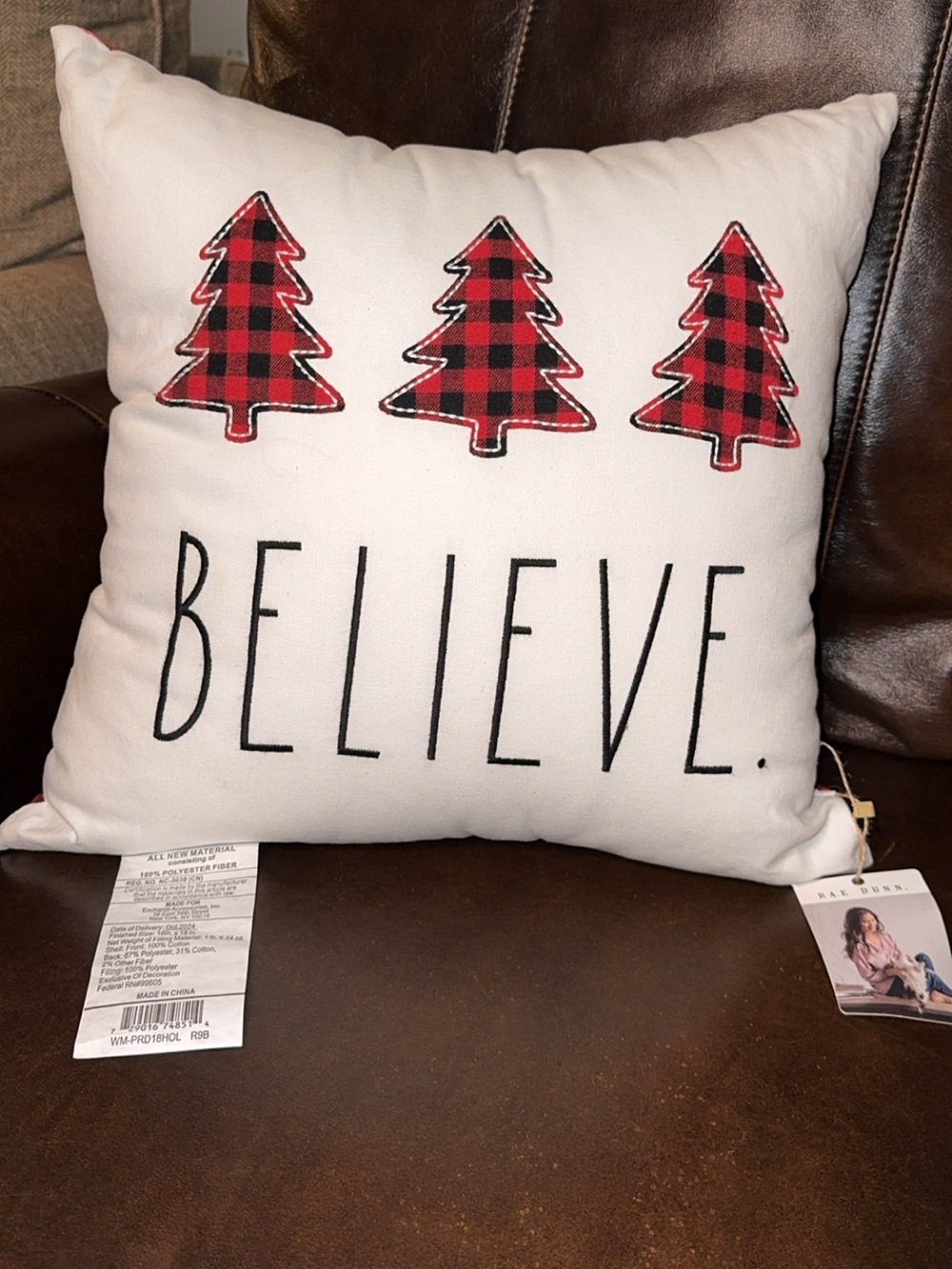 NWT Rae Dunn 18x18 decorative throw accent pillow Christmas plaid blk/red Trees